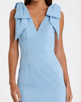 Blue Bow Strap Crepe Fitted Midi Dress